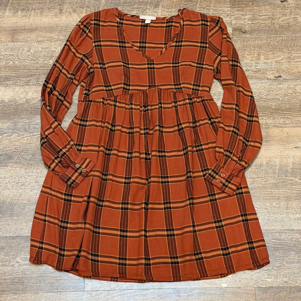 Knox Rose Rust Brown Plaid Babydoll Dress Long Sleeve V Neck Small S Cottagecore